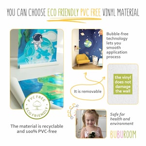 May include: A colorful, eco-friendly vinyl wall mural featuring an astronaut floating in space. The mural is removable, reusable, and safe for children and the environment. The text "YOU CAN CHOOSE ECO FRIENDLY PVC FREE VINYL MATERIAL" is at the top of the image. The text "PVC FREE ECO FRIENDLY" is in a green circle with a tree in the center. The text "The material is recyclable and 100% PVC-free" is below the circle. The text "It is removable" is in a yellow circle with an arrow pointing upwards. The text "Bubble-free technology lets you smooth application process" is in a white box with a yellow border. The text "the vinyl does not damage the wall" is in a white box with a yellow border. The text "Safe for health and environment BUBUROOM" is in a white box with a yellow border.