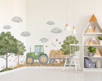 Farm Nursery Wall Decal Tractor Tree and Animal Wall Stickers for Nursery Decor, Boys Tractor Wall Decal with Farm Animal and Trees Decal