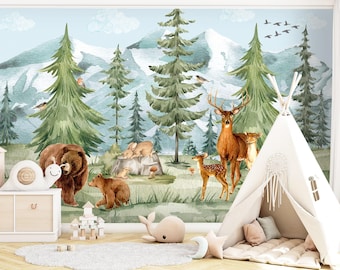 Woodland Wallpaper for Nursery with Forest Animals, Watercolor Forest Wall Mural Baby Room, Mountains Peel and Stick Mural Kids Room