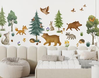 InnovativeStencils Woodland Watercolor Wall Decals - Bear, Fox, Trees Nursery Decor, 60 Inch Tall