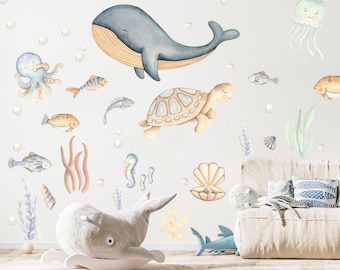Wall Decal Ocean Kids - Nursery Decal Removable - Nautical Wall Stickers Children Room - Under the Sea Decals Boy Girl, Nursery Decor Whale