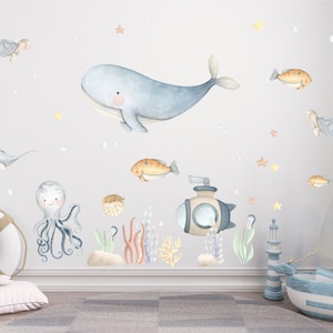 Ocean Large Wall Decals Boy Bedroom, Whale Octopus Submarine Wall Stickers Sea Life Playroom, Pastel Nautical Jumbo Decals Blue Kids Room
