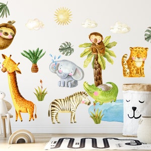 Safari Jungle Animals Wall Decals Kids Room - Watercolor Giraffe Lion Elephant Decal Peel and Stick - Toddler Boy Girl Nursery Decoration