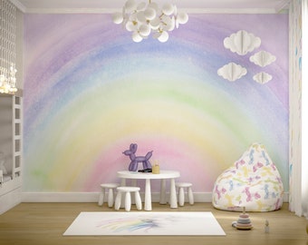 Watercolor Rainbow Wallpaper Kids Room, Bright Rainbow Wallpaper Peel and Stick, Baby Girl Nursery Mural, Non Woven Eco Wallpaper Playroom