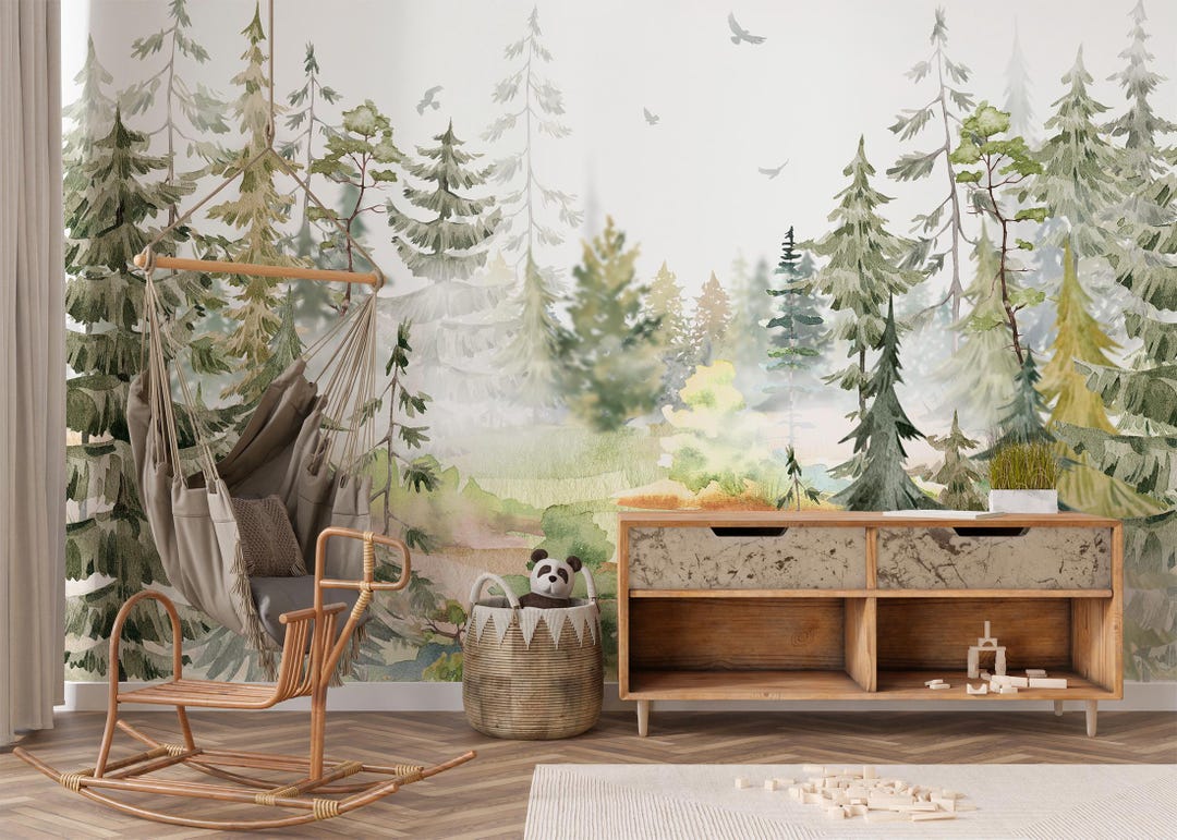 Woodland Wall Mural Peel and Stick for Nursery Decor, Watercolor Pine ...