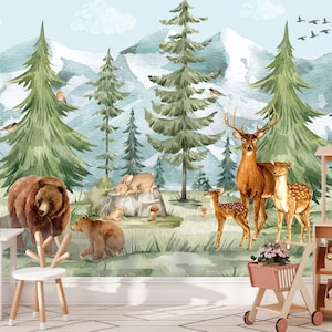 Woodland Wallpaper for Nursery with Forest Animals, Watercolor Forest Wall Mural Baby Room, Mountains Peel and Stick Mural Kids Room