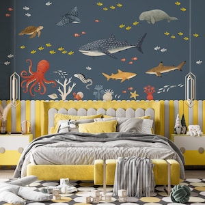 Calcomanías de pared con temática oceánica para decoración de guardería, calcomanías de pared para aula con temática oceánica, calcomanías de pared con diseño de tiburón y criaturas marinas, arte de pared para guardería con temática marina, despegar y pegar