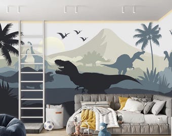 Dinosaur Wallpaper Peel and Stick Jurassic World Dinosaur Wall Mural Dark Blue Beige Removable Wallpaper for Boys T Rex Wallpaper Kids Room