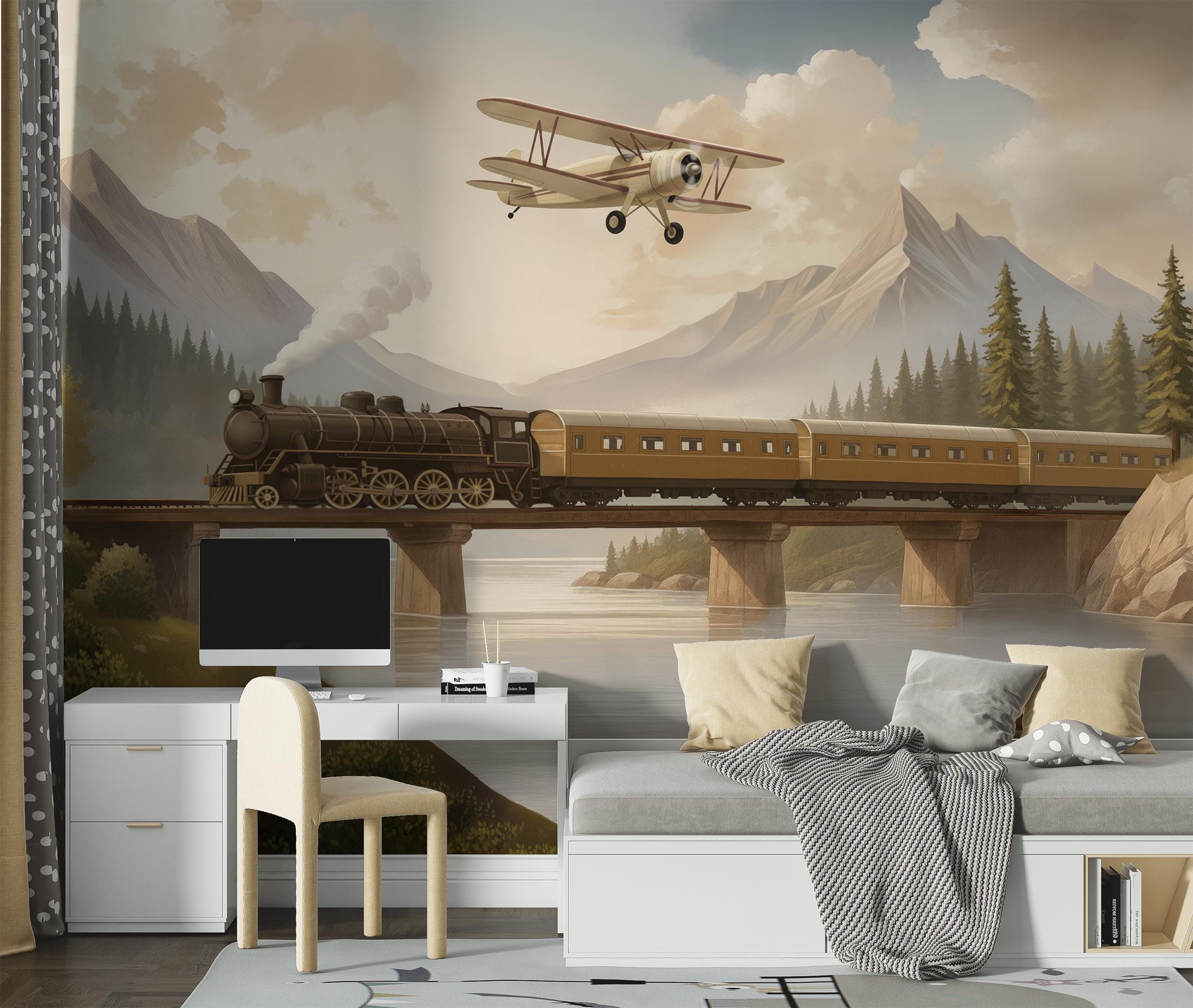 Airplane Nursery Wallpaper With Train, Vintage Nursery Wallpaper ...