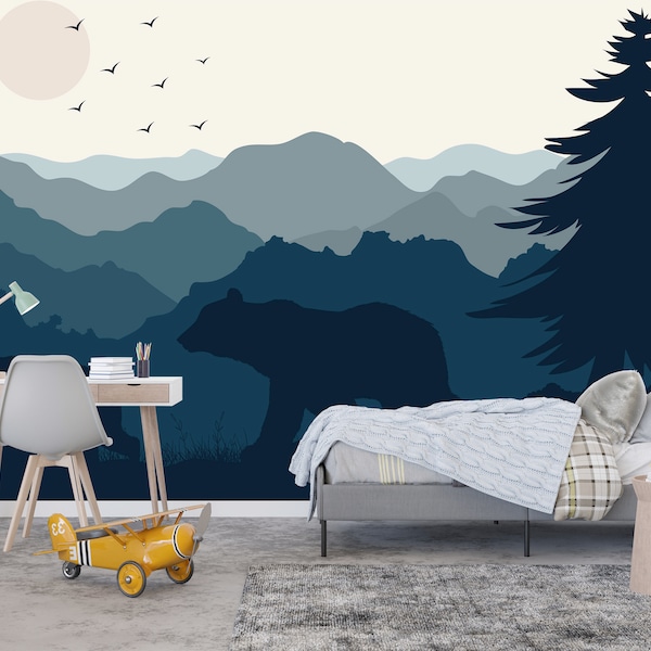 Forest Navy Blue Kids Wallpaper, Boy Room Blue Grey Wall Mural, Wildlife Playroom Wallpaper, Woodland and Bears Accent Wall Mural Nursery