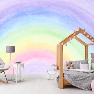 Watercolor Rainbow Wallpaper Kids Room, Bright Rainbow Wallpaper Peel and Stick, Baby Girl Nursery Mural, Non Woven Eco Wallpaper Playroom