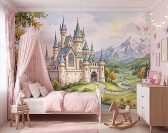 Fairytale Castle Wallpaper Mural, Princess Nursery Fantasy Landscape Wallpaper, Kids Room Wallpaper Girl Room Decor Castle Wall Mural