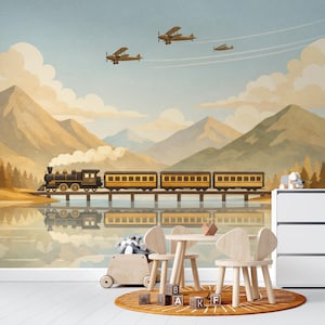 May include: A scenic wall mural depicting a vintage train crossing a bridge over a lake, with mountains in the background and airplanes in the sky. The color palette includes shades of brown, yellow, and blue, creating a nostalgic and whimsical atmosphere.