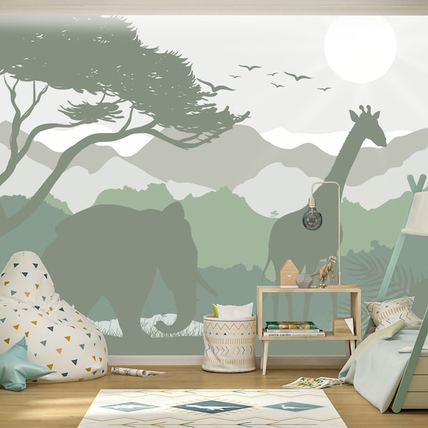 Wallpaper Safari Green and Grey, Tropical Ombre Wall Mural Kids Room, African Animals Wall Mural Emerald Nursery, Jungle Toddler Wallpaper