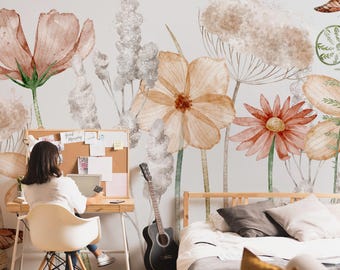 Flower wallpaper for girl nursery, baby girl wildflower wallpaper beige, boho floral wallpaper mural Peel and Stick kids room watercolor