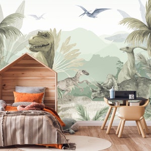 Large Dinosaur T-Rex Wallpaper Peel & Stick, Jurassic World Wallpaper Kids, Custom Wall Mural Toddler Boy Bedroom, Teen Boy Room Wallpaper Green Removable Temporary Classroom Daycare