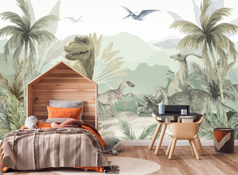 Large Dinosaur T-Rex Wallpaper Peel & Stick, Jurassic World Wallpaper Kids, Custom Wall Mural Toddler Boy Bedroom, Teen Boy Room Wallpaper Green Removable Temporary Classroom Daycare