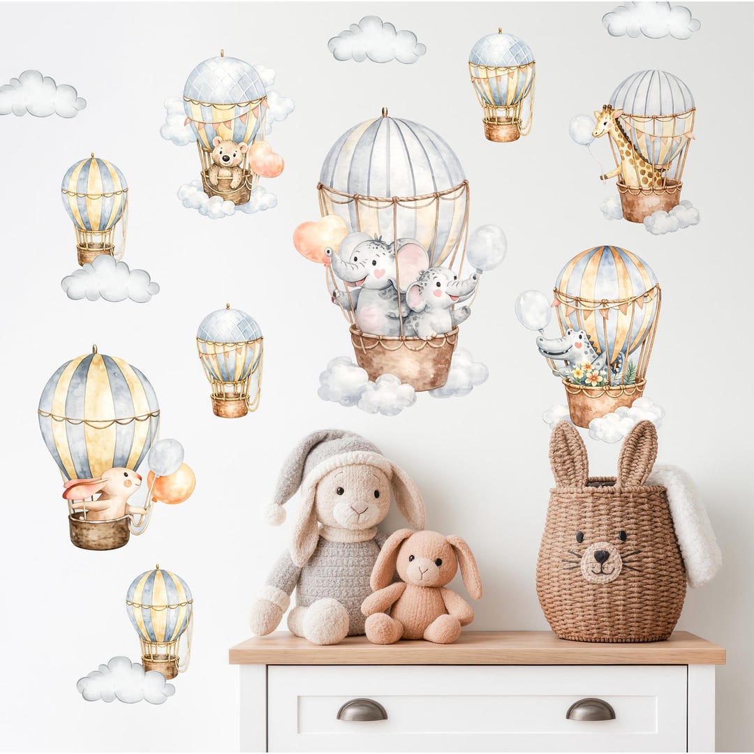 Safari Animals Hot Air Balloon Nursery Wall Decals, Watercolor Hot Air ...