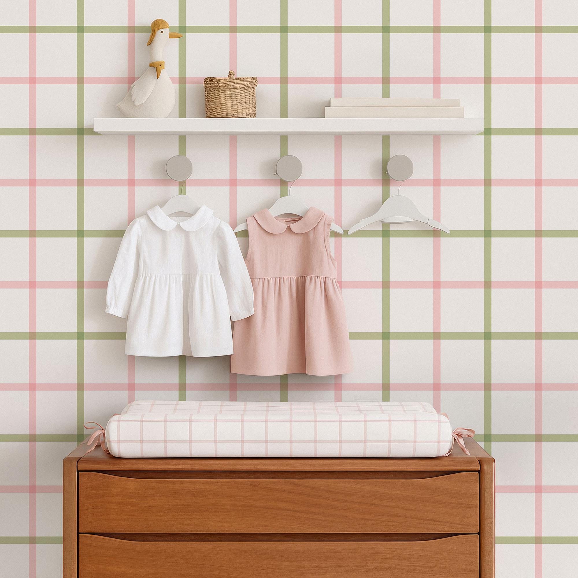 Plaid Peel and Stick Wallpaper Baby Girl Nursery, Soft Pink Green Cottage Style Stripes Wallpaper Rolls, Vintage Farmhouse Decor Kids Room