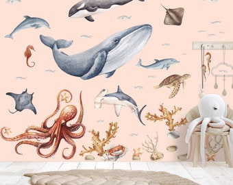 Ozean-Wandtattoo für Kinderzimmer, Ozean-Thema, Wandaufkleber mit Meereslebewesen Wal, Oktopus, Delfinhai, KEIN PVC