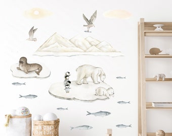 Wall decals Polar Bear Family on Iceberg Mountains for Nursery Arctic Seal Penguin Fishes Stickers Removable Watercolor Kid's room Boy Girl