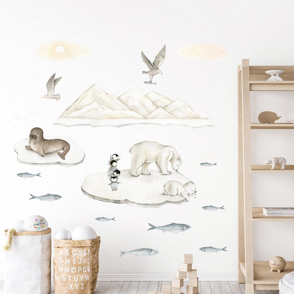 Wall decals Polar Bear Family on Iceberg Mountains for Nursery Arctic Seal Penguin Fishes Stickers Removable Watercolor Kid's room Boy Girl