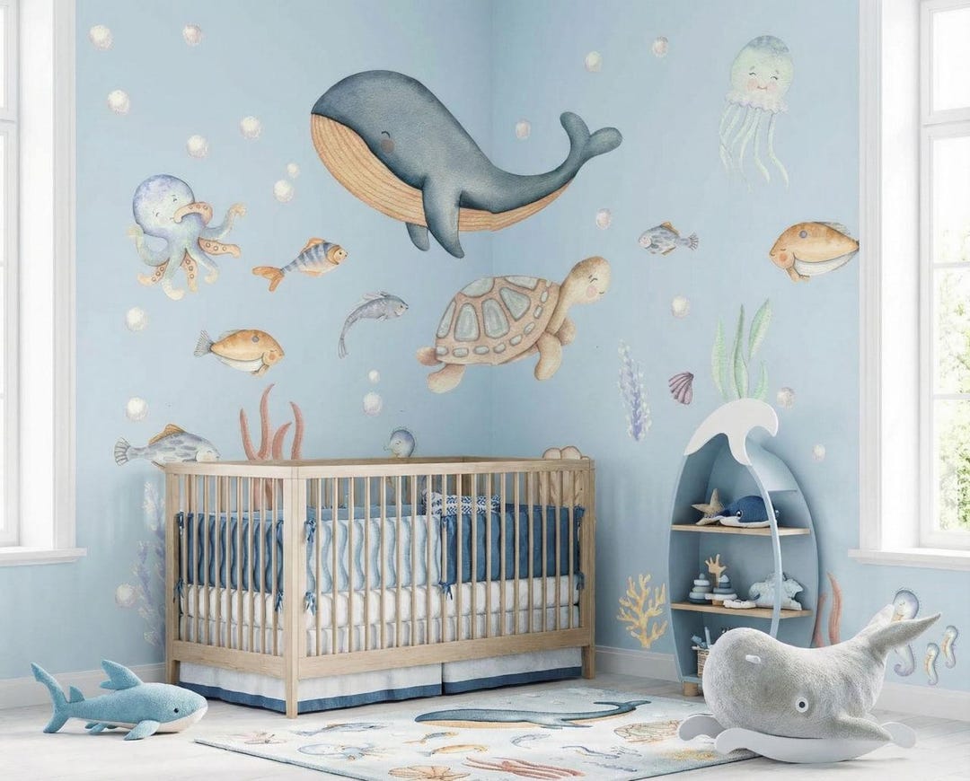 Under the Sea Wall Decal Watercolor Whale Octopus Turtle - Ocean ...