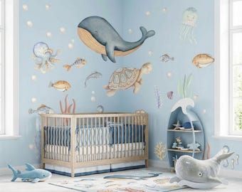 Under the sea Wall Decal Watercolor Whale Octopus Turtle  - Ocean Sticker for Boy Nursery - Nursery Wall Decals Sea Themed