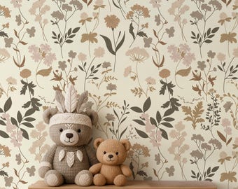 Boho Wildflower Wallpaper Baby Girl Nursery Decor, Pastel Floral Wallpaper Peel and Stick Kids Room, Beige Flowers Bedroom Wallpaper