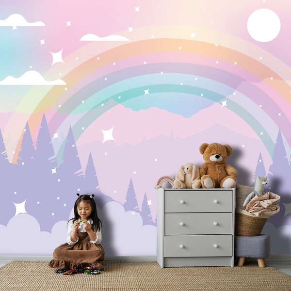 Rainbow Wallpaper Baby Girl Nursery, Purple Pink Accent Wallpaper Peel and Stick Playroom, Colorful Mountains Wall Mural Kids Room, PVC FREE