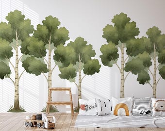 Birch Tree Decal Woodland Nursery, Watercolor Forest Wall Decal, Nursery Wall Decal Peel and Stick, Wall Stickers Kids Room Removable