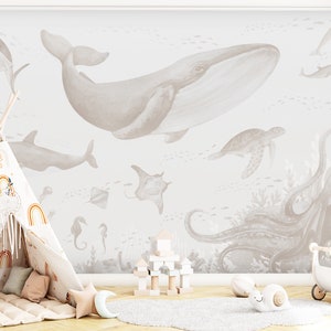Wallpaper Whale Turtle Dolphin Octopus Beige Neutral Baby Nursery, Ocean Animals Pastel Wallpaper Toddler Bedroom, Sea Life Wall Kids Mural