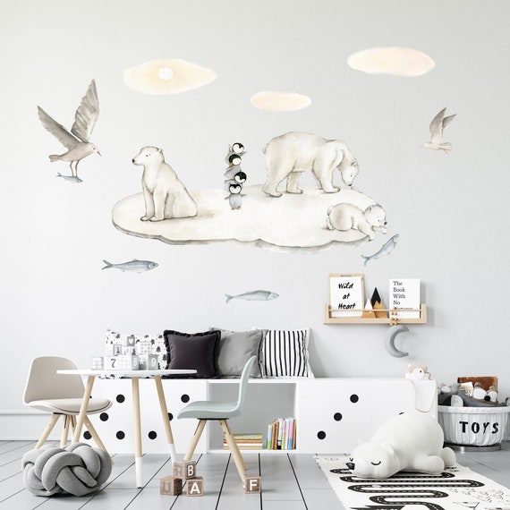 Arctic Wall decals Polar Bear Family and Penguin Nursery Wall Stickers, Arctic Nursery Decor, Kids Wall Decals Removable, Watercolor