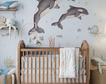 Vinilos decorativos de orcas para la habitación infantil con temática náutica, pegatinas de vida marina bajo el mar, decoración de animales marinos para la habitación del bebé, habitación infantil.