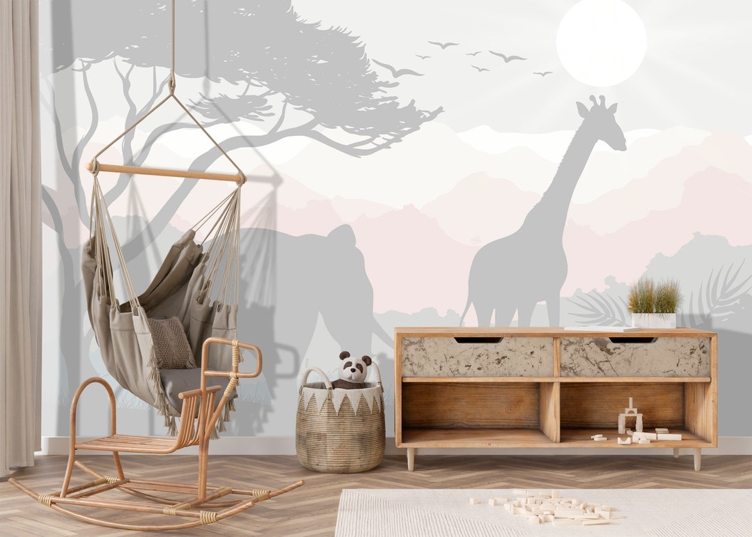 African Animals Wallpaper Pastel Nursery, Grey Pink Jungle Wall Mural