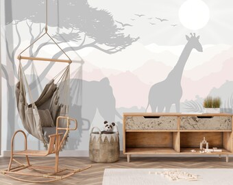 African Animals Wallpaper Pastel Nursery, Grey Pink Jungle Wall Mural Toddler Room, Elephant Giraffe Savannah Wall Paper Kids Bedroom