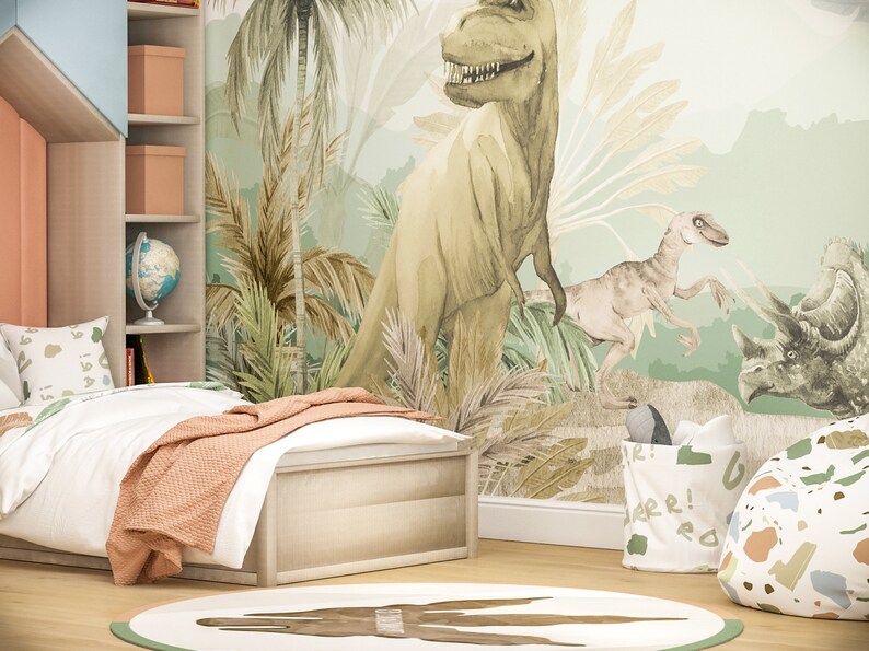 Large Dinosaur T-Rex Wallpaper Peel & Stick, Jurassic World Wallpaper Kids, Custom Wall Mural Toddler Boy Bedroom, Teen Boy Room Wallpaper Green Removable Temporary Classroom Daycare