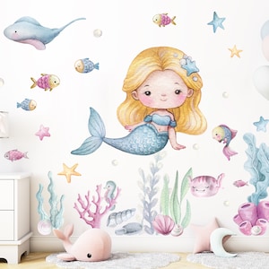 Large Pastel Mermaid Decal Girl Bedroom, Watercolor Handdrawn Big Blonde Mermaid Sea Life Wall Stickers, Eco Ocean Decals Girl Playroom