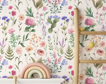 Wildflower Nursery Wallpaper, Floral Peel and Stick Girls Room Wall Mural, Flower Wallpaper for Bedroom and Nursery Decor, NO PVC Wallpaper