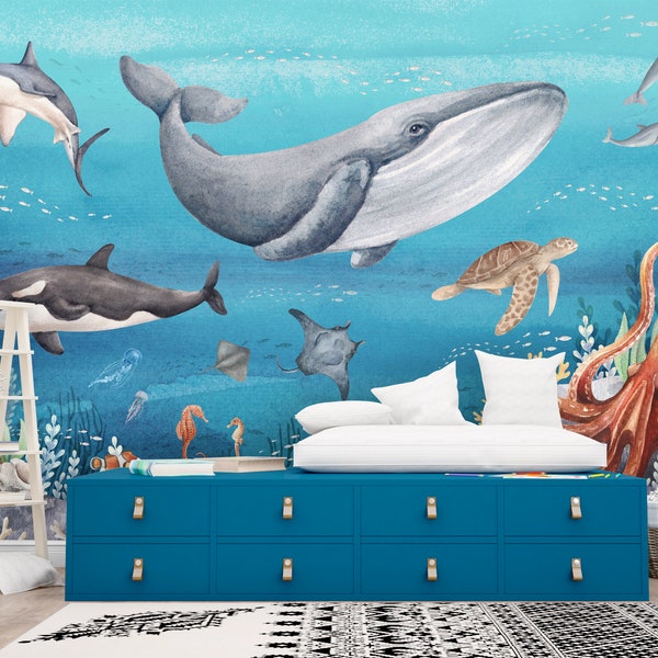 Undersea Eco Wall Mural Toddler Playroom, Whale Turtle Orca Octopus Wall Mural Nautical Nursery, Ocean Animals Navy Blue Wallpaper for Boy