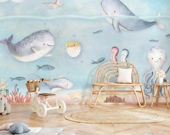 Under the Sea Wallpaper Sea Creature Nursery Decor Whale and Narwhal, Blue Ocean Nursery Wallpaper, Baby Room Wallpaper Mural Ocean Friends