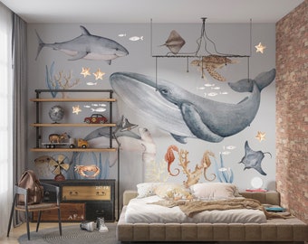 Stickerset grote aquarel walvishaai schildpad pastel jongenskamer, zeeleven muurstickers neutrale speelkamer, eco educatieve oceaanstickers kinderen