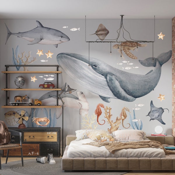 Decal Set Large Watercolor Whale Shark Turtle Pastel Boy Room, Sea Life Wall Stickers Neutral Playroom, Eco Educational Ocean Stickers Kids