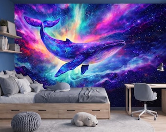 Ocean Nursery Wallpaper Mural with Whale, Peel and Stick Galaxy Wallpaper Kids Room, Boy Nursery Decor, Fantasy Nursery Wall Mural