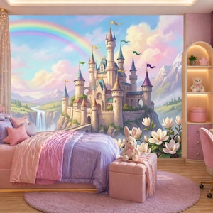 May include: A princess-themed bedroom with a mural of a castle, rainbow, and mountains. The room features a pink bed with a comforter, pillows, and a plush bunny. A desk, chair, and shelves complete the decor.