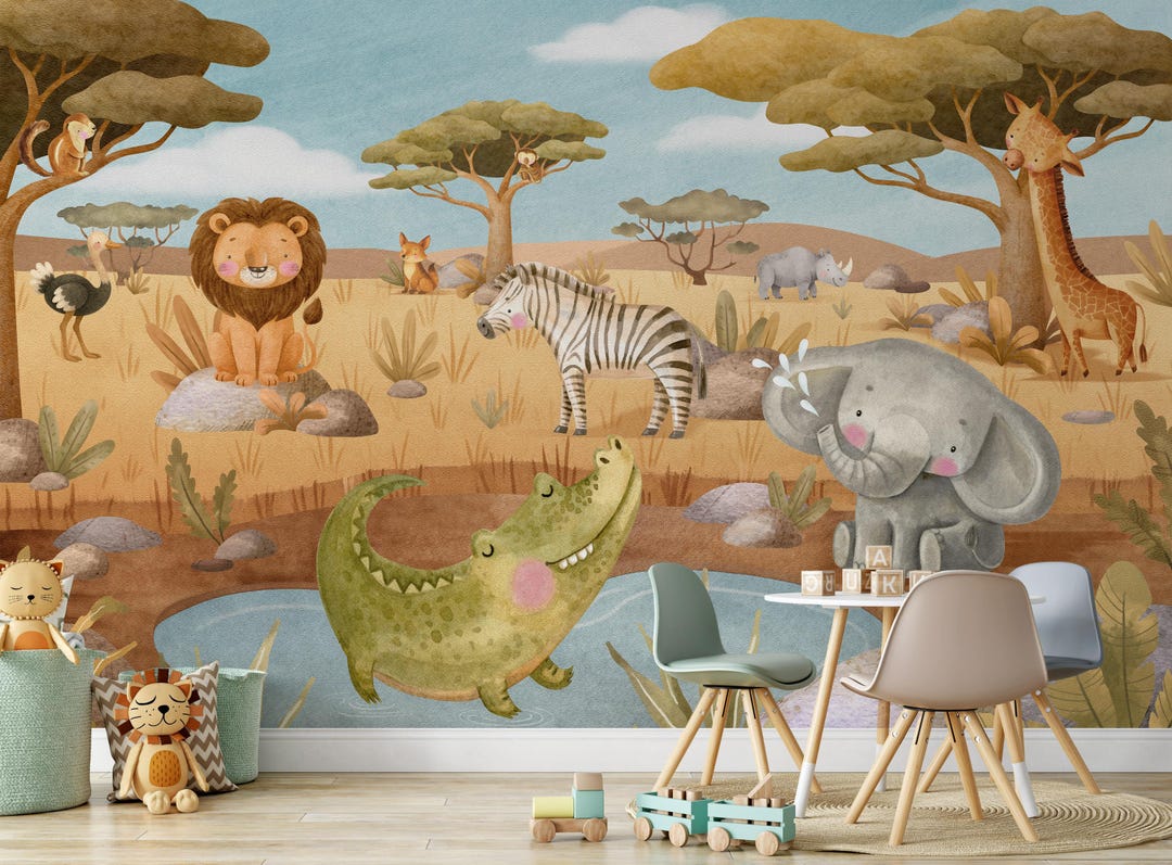 Safari Nursery Wallpaper Mural, Safari Nursery Decor With Elephant ...
