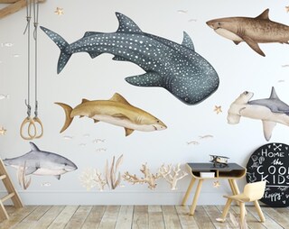 Adesivo Murale Mare Con Tartaruga, Squalo, Balena E Polpo - 62x92 Cm, Rimovibile Per Bagno E Cameretta