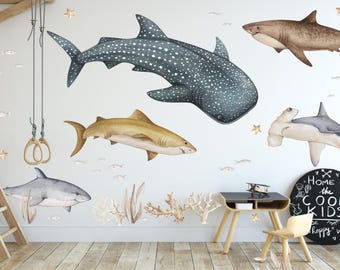 Adesivo Murale Mare Con Tartaruga, Squalo, Balena E Polpo - 62x92 Cm, Rimovibile Per Bagno E Cameretta