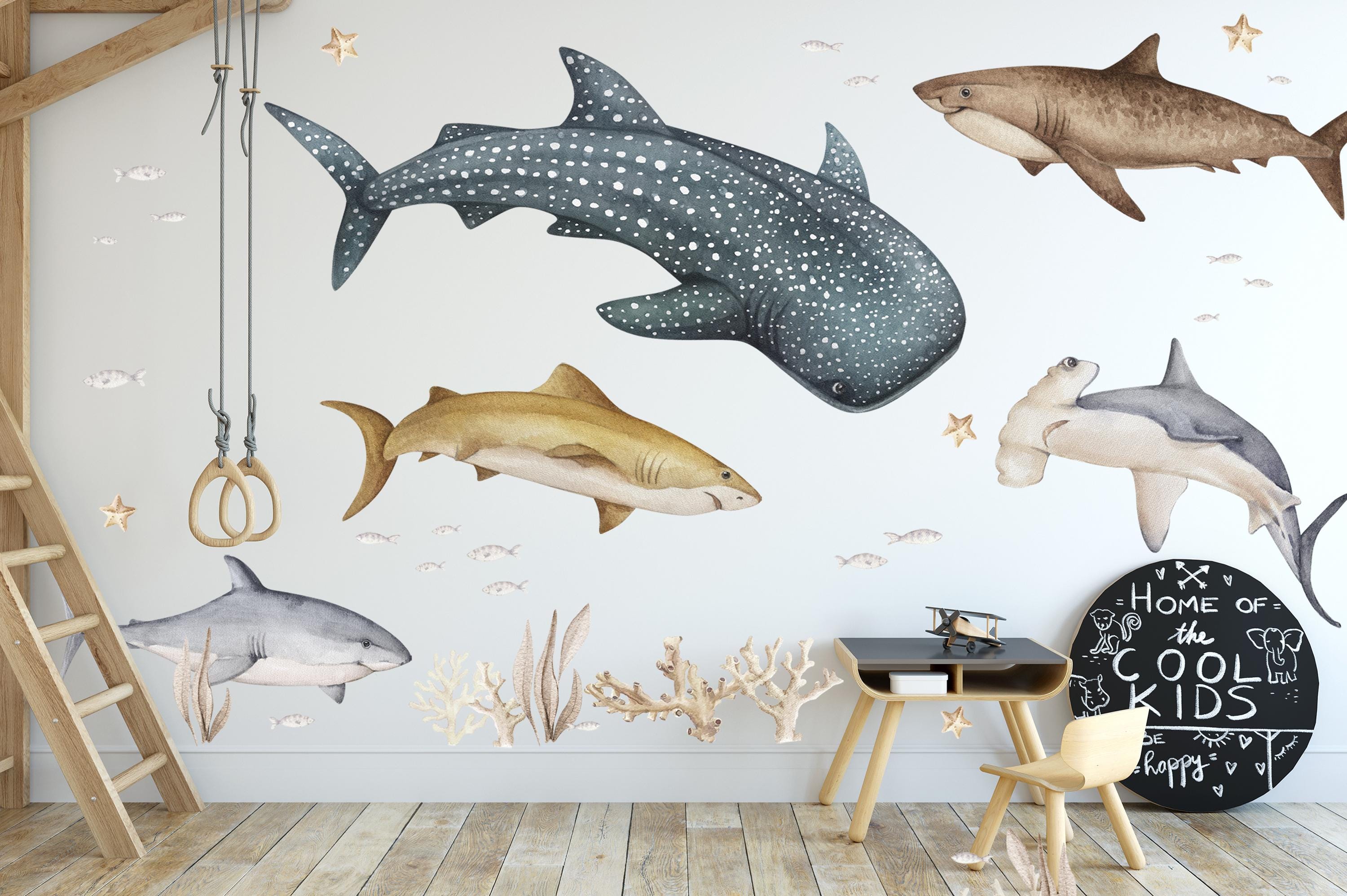 Large Sharks Watercolor Decals Kids, 5 Sharks and Seaweed Great White Shark Under Sea Set Wall Stickers for Ocean themed Boy Playroom
