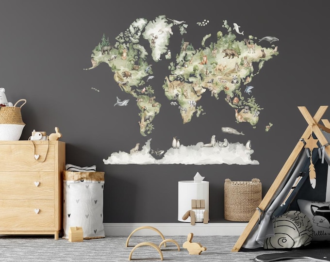 Kids World Map Wall Decal, Nursery World Map with Animals, Educational Kids Room Decor or Classroom Decor, Playroom Map Wall Stickers